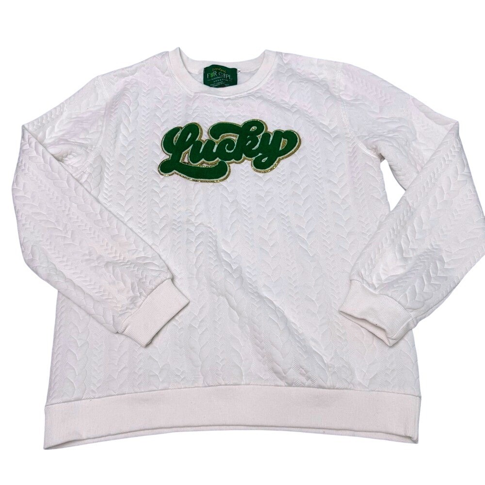For G and PL White Lucky Chenille Patch Textured Cable Knit‎ Sweatshirt M
